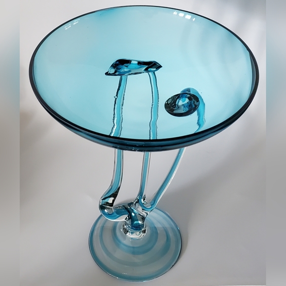 10 3/4" Tall Large Handcrafted Blown Art Glass Aqua Blue Jelly Fish🎐 Bowl 🇵🇱 - Picture 3 of 13